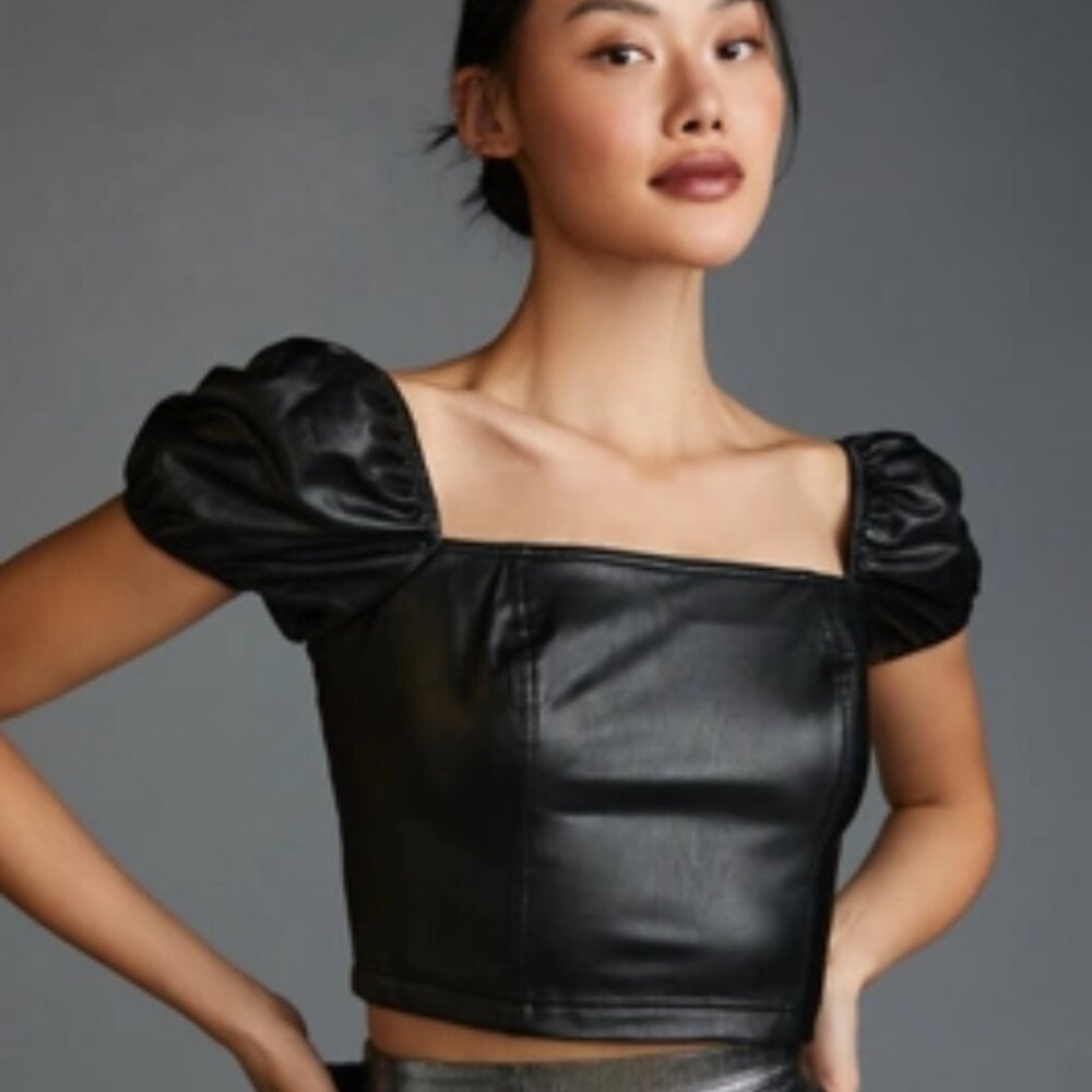 Anthropologie NWT Avec Les Filles Faux Leather Puff Sleeve Top Women's size M